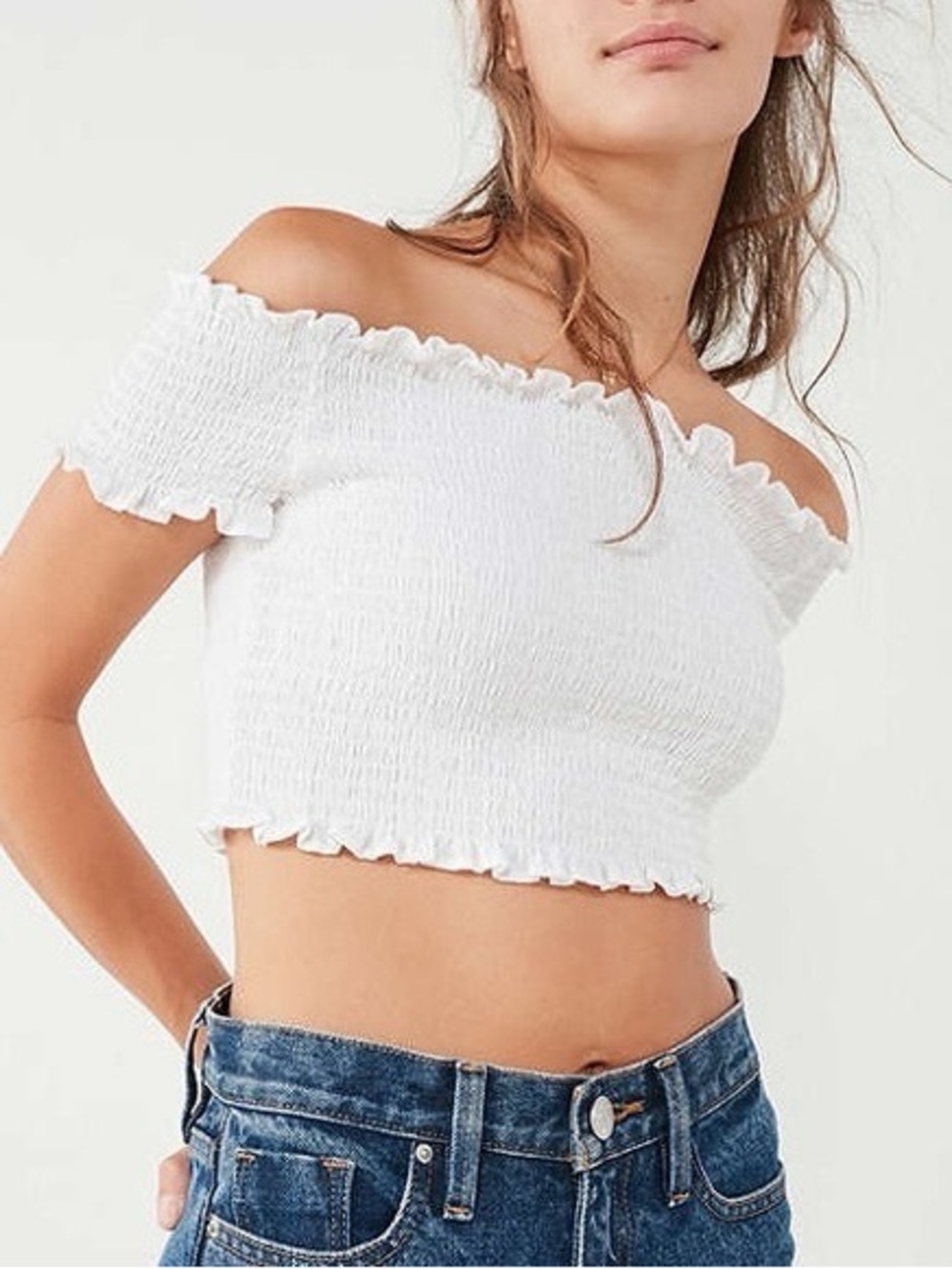 White Smocked Off-Shoulder Crop Top